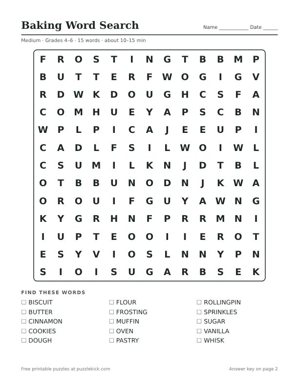Printable Baking Word Search PDF preview: puzzle page with word list