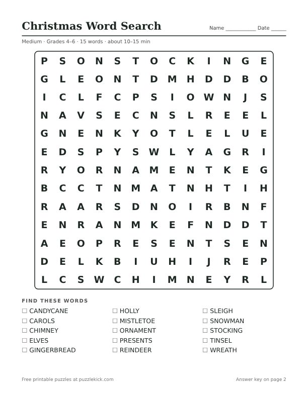 Printable Christmas Word Search PDF preview: puzzle page with word list