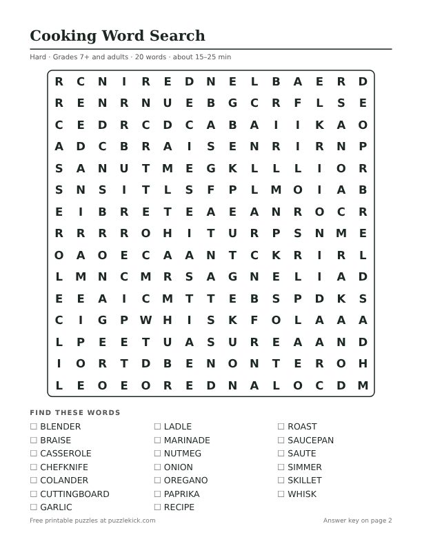 Printable Cooking Word Search PDF preview: puzzle page with word list