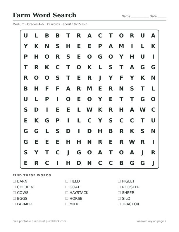 Printable Farm Word Search PDF preview: puzzle page with word list
