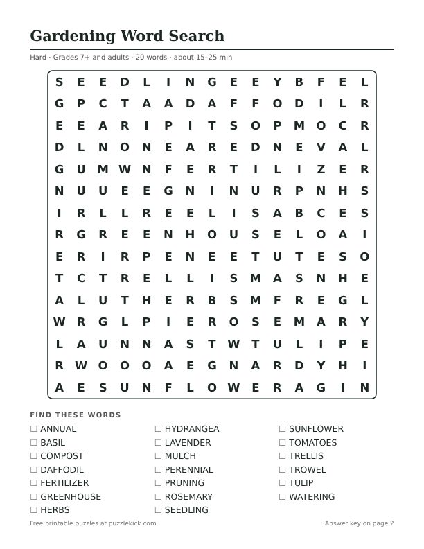 Printable Gardening Word Search PDF preview: puzzle page with word list