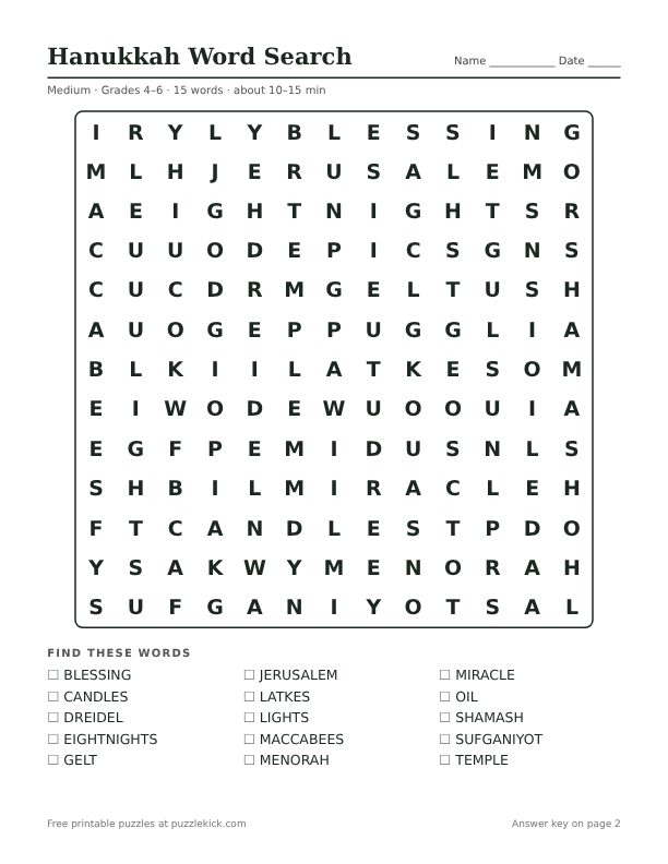 Printable Hanukkah Word Search PDF preview: puzzle page with word list
