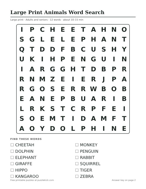 Printable Large Print Animals Word Search PDF preview: puzzle page with word list