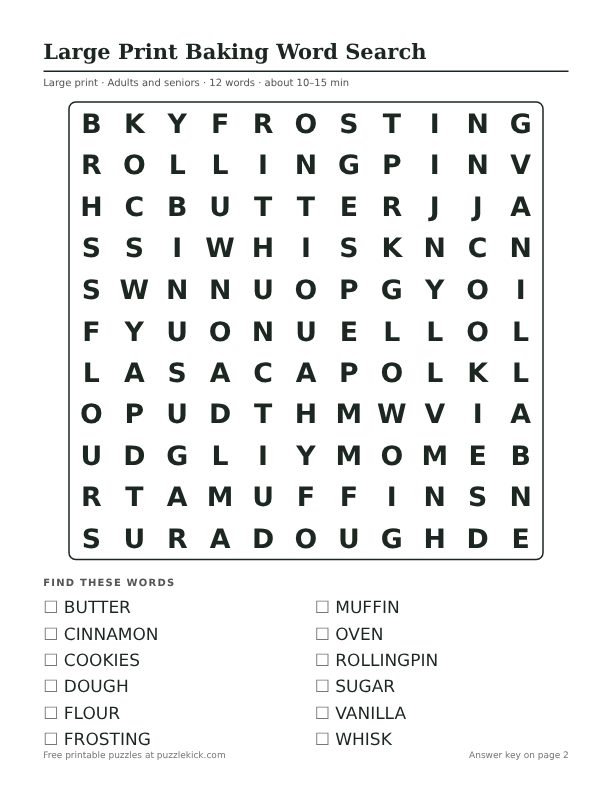 Printable Large Print Baking Word Search PDF preview: puzzle page with word list