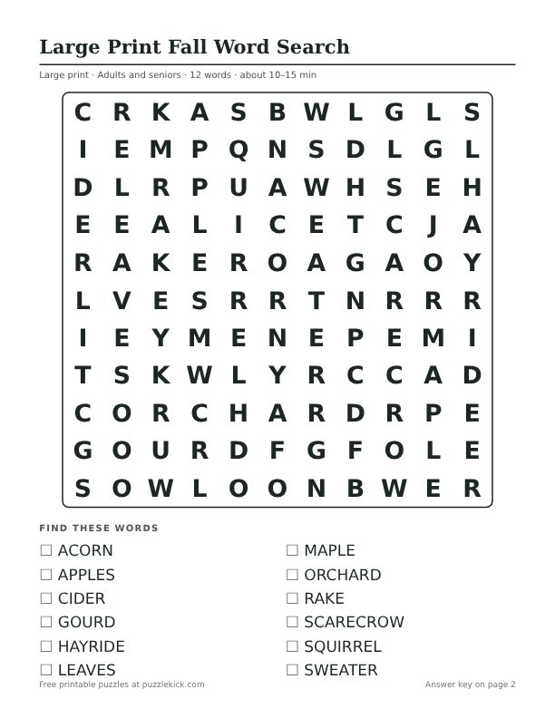 Printable Large Print Fall Word Search PDF preview: puzzle page with word list