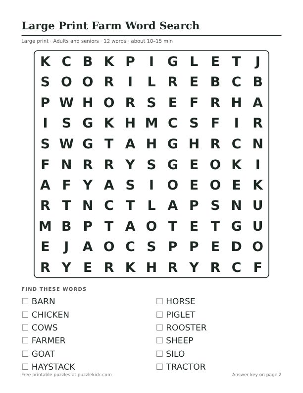 Printable Large Print Farm Word Search PDF preview: puzzle page with word list