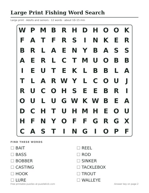 Printable Large Print Fishing Word Search PDF preview: puzzle page with word list