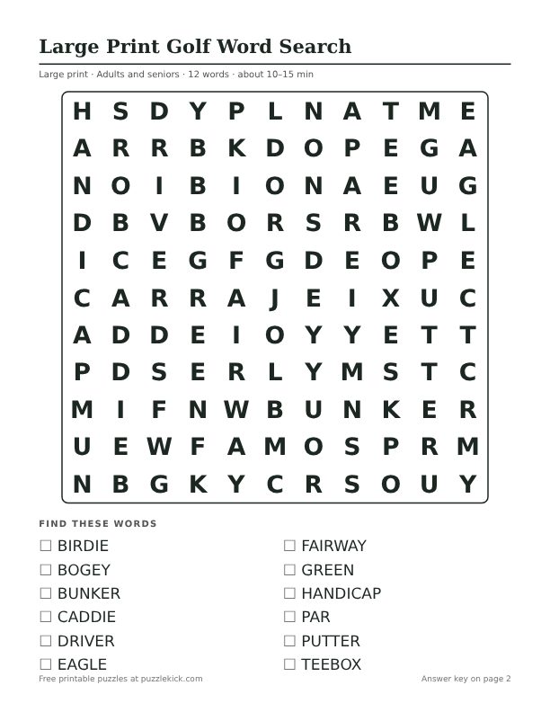 Printable Large Print Golf Word Search PDF preview: puzzle page with word list