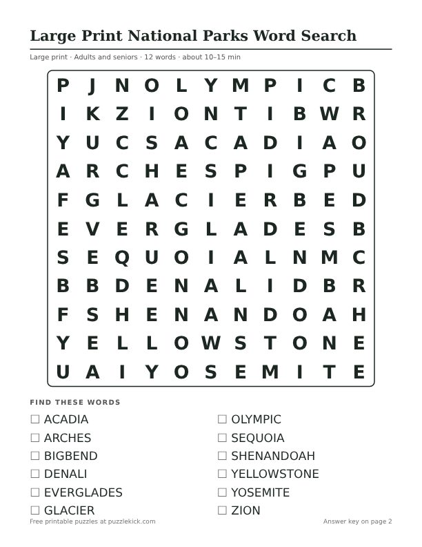 Printable Large Print National Parks Word Search PDF preview: puzzle page with word list