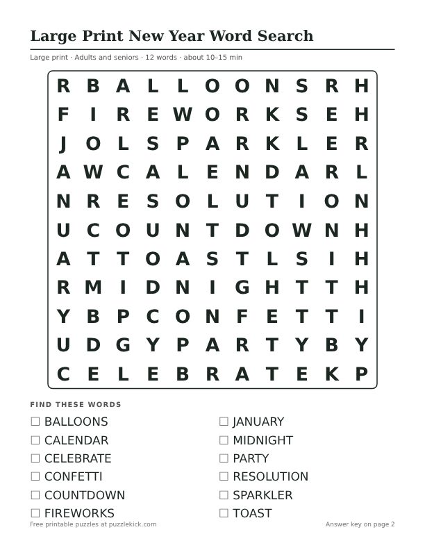 Printable Large Print New Year Word Search PDF preview: puzzle page with word list