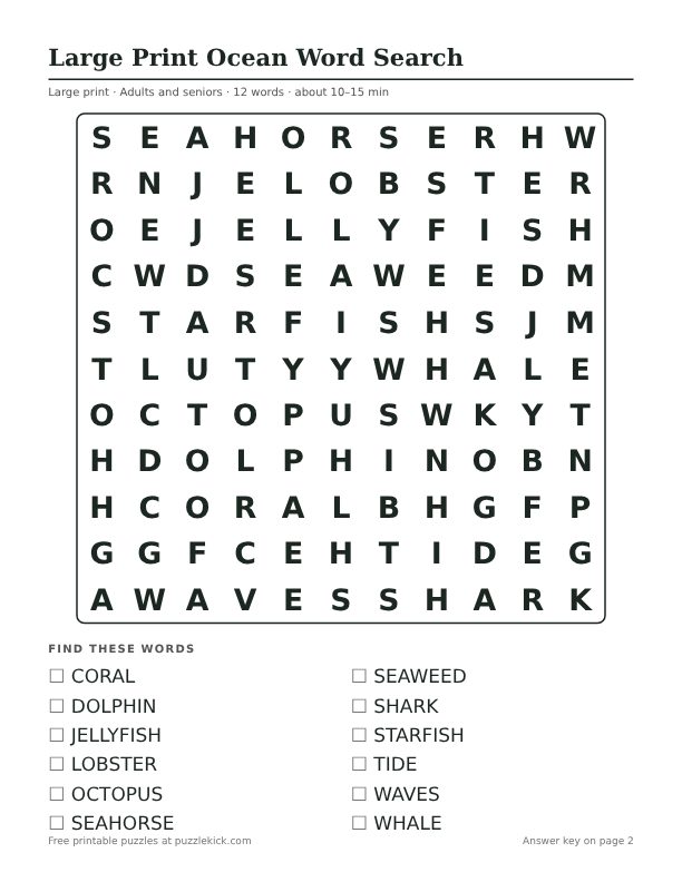 Printable Large Print Ocean Word Search PDF preview: puzzle page with word list