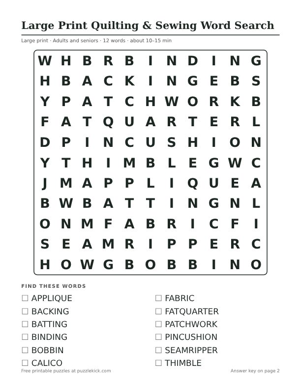 Printable Large Print Quilting & Sewing Word Search PDF preview: puzzle page with word list