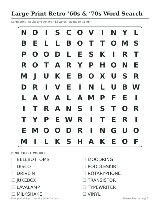 Printable Large Print Retro ’60s & ’70s Word Search PDF preview: puzzle page with word list