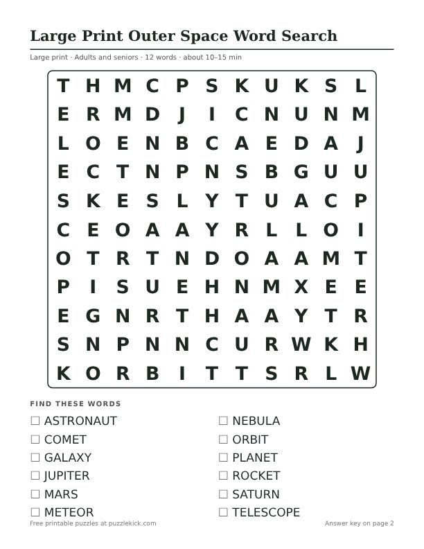 Printable Large Print Outer Space Word Search PDF preview: puzzle page with word list