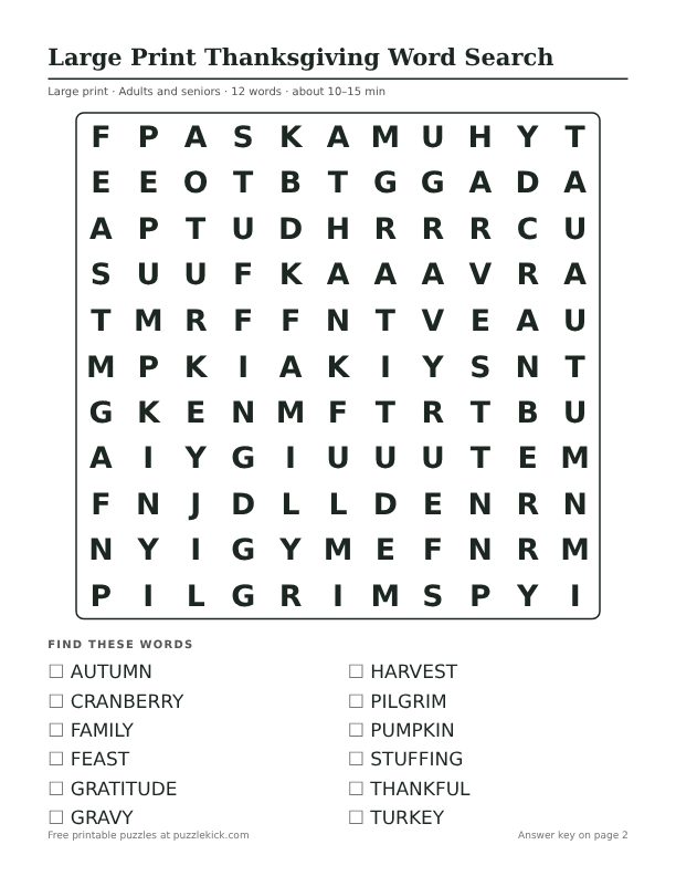 Printable Large Print Thanksgiving Word Search PDF preview: puzzle page with word list