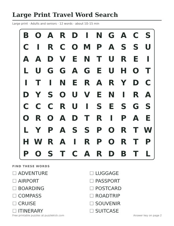 Printable Large Print Travel Word Search PDF preview: puzzle page with word list