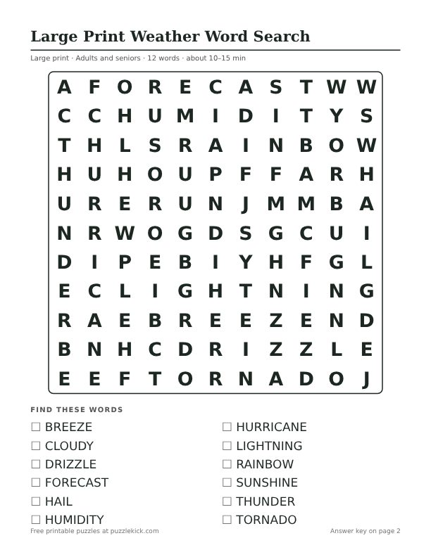 Printable Large Print Weather Word Search PDF preview: puzzle page with word list