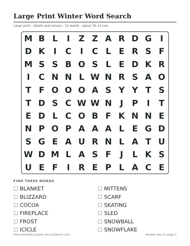 Printable Large Print Winter Word Search PDF preview: puzzle page with word list