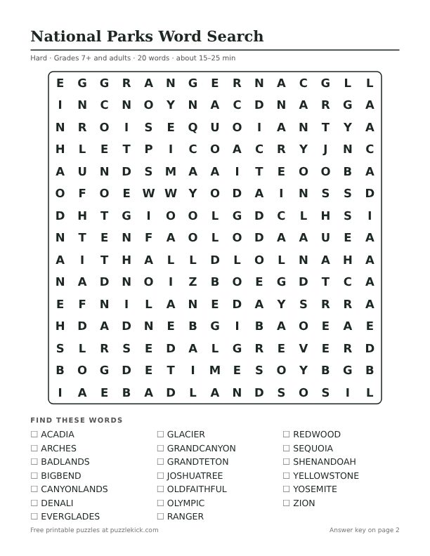 Printable National Parks Word Search PDF preview: puzzle page with word list