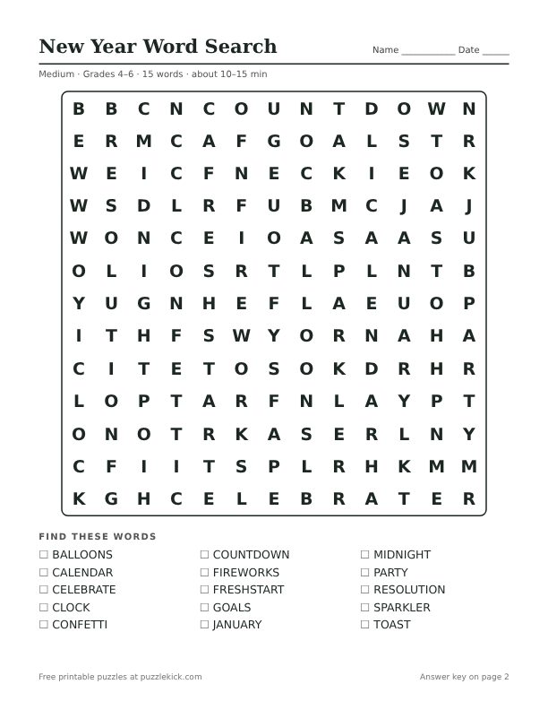 Printable New Year Word Search PDF preview: puzzle page with word list