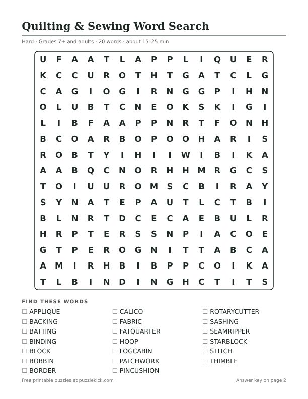 Printable Quilting & Sewing Word Search PDF preview: puzzle page with word list