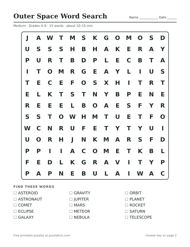Printable Outer Space Word Search PDF preview: puzzle page with word list