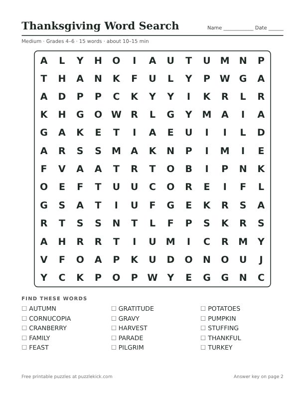 Printable Thanksgiving Word Search PDF preview: puzzle page with word list