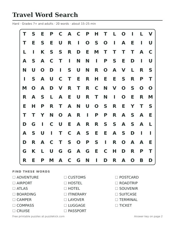 Printable Travel Word Search PDF preview: puzzle page with word list