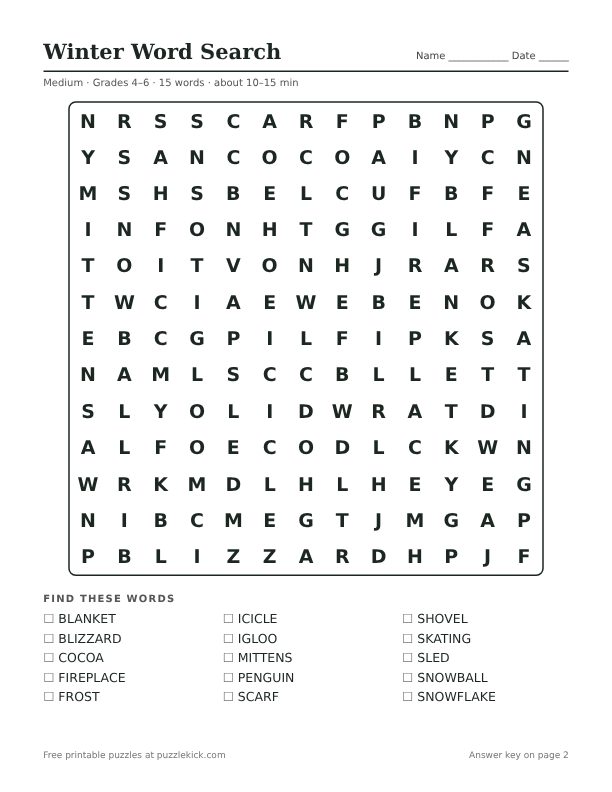 Printable Winter Word Search PDF preview: puzzle page with word list
